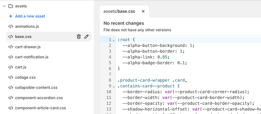 Screenshot of the code directory, with the assets folder open and file 'base' selected