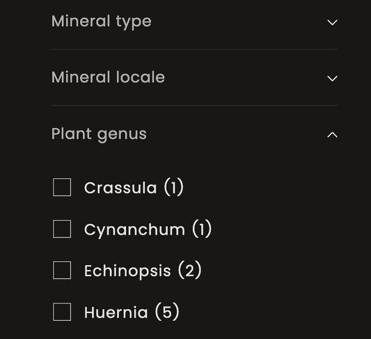 A screenshot of a storefront side-menu with options to filter by mineral type, mineral locale, and plant genus. Genus is expanded, showing values with check-boxes