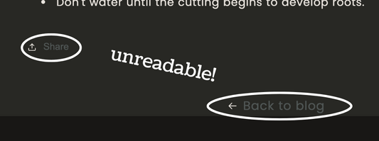 The links to "share" and "back to blog" circled in white, text barely visible as dark grey on near-black, labeled "unreadable!"