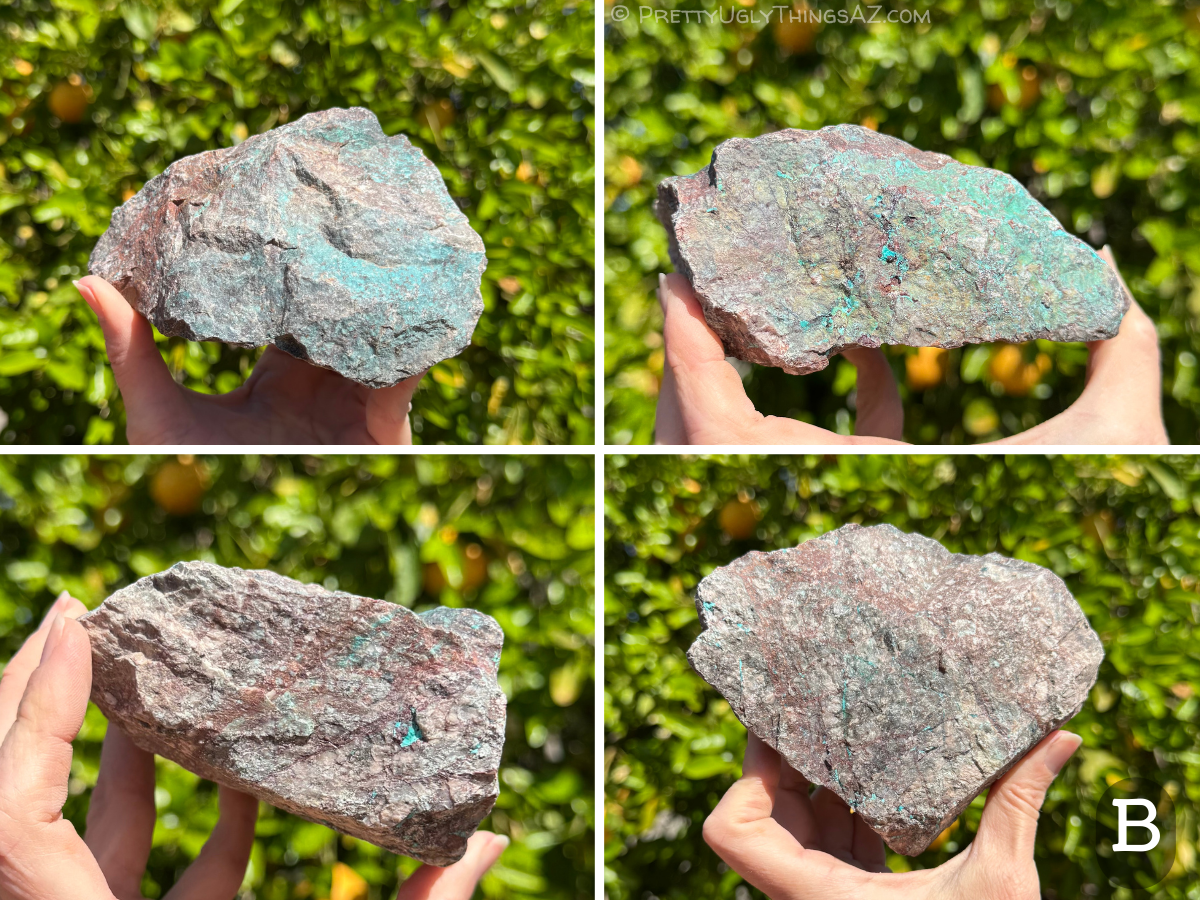 Option B, a compact wedge-shaped rock, lighter gray in color, with mottled appearance. and some large feldspar crystals visible. One side is a darker gray, and has large patches of blue on it. One edge has a mix of blue-green and green minerals. The rest has only small spots of color in the warm-colored granite.