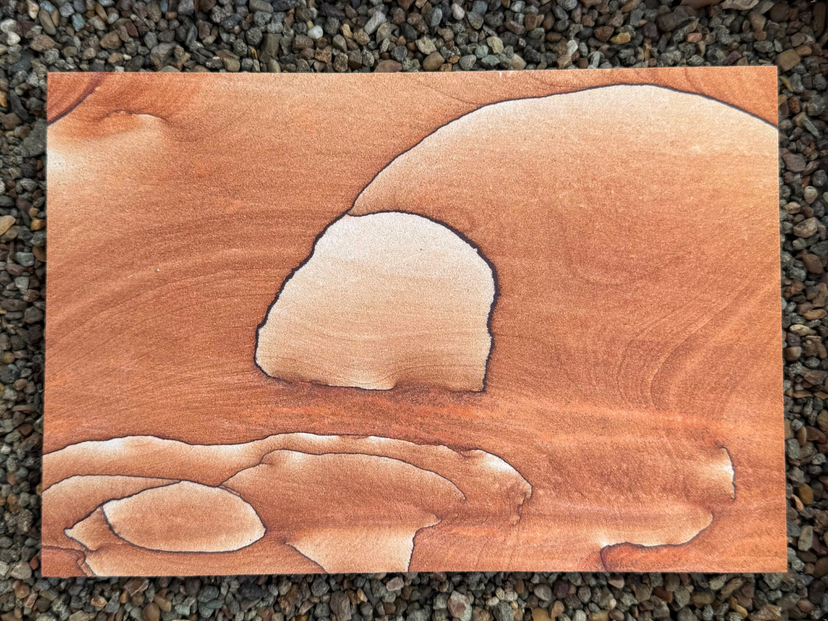 A slab of red sandstone, rectangular and oriented in landscape. The piece has desaturated color, a peachy orange-brown tone. The pattern is simple, with a thin wobbly dark iron band arcing across the surface, making a tulip-shaped form at the end, which has a light-colored sandstone with faint layering inside. There are some random curved thin dark iron bands in the lower left corner. The rest of the background is saturated orange-brown, with subtle but good layering curving through.