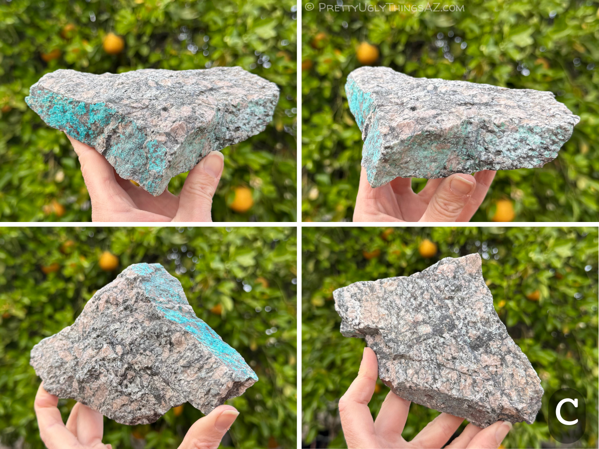 Option C, a flat triangular slab of granite, good clean near-white color speckles with black and large peach-tinted feldspar crystals. The feldspar is especially good in this piece. The two thin edges are coated in vibrant minerals, one edge a robins-egg blue chrysocolla, and the other a lighter green-blue.