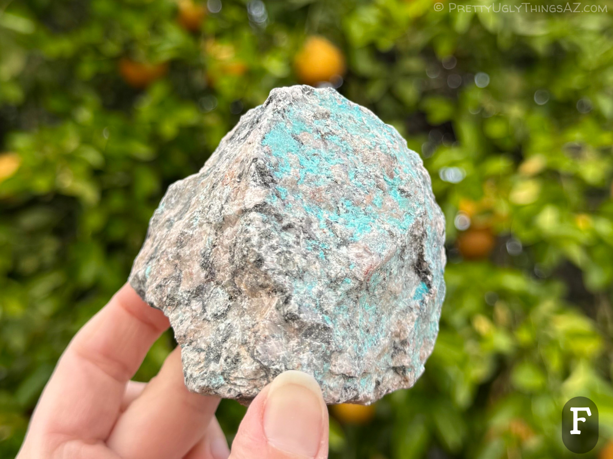 Option F, a compact light-colored piece of granite, with dark speckles and large blocky light-peach colored feldspar crystals. The right-hand face is covered with splotchy light blue mineral.