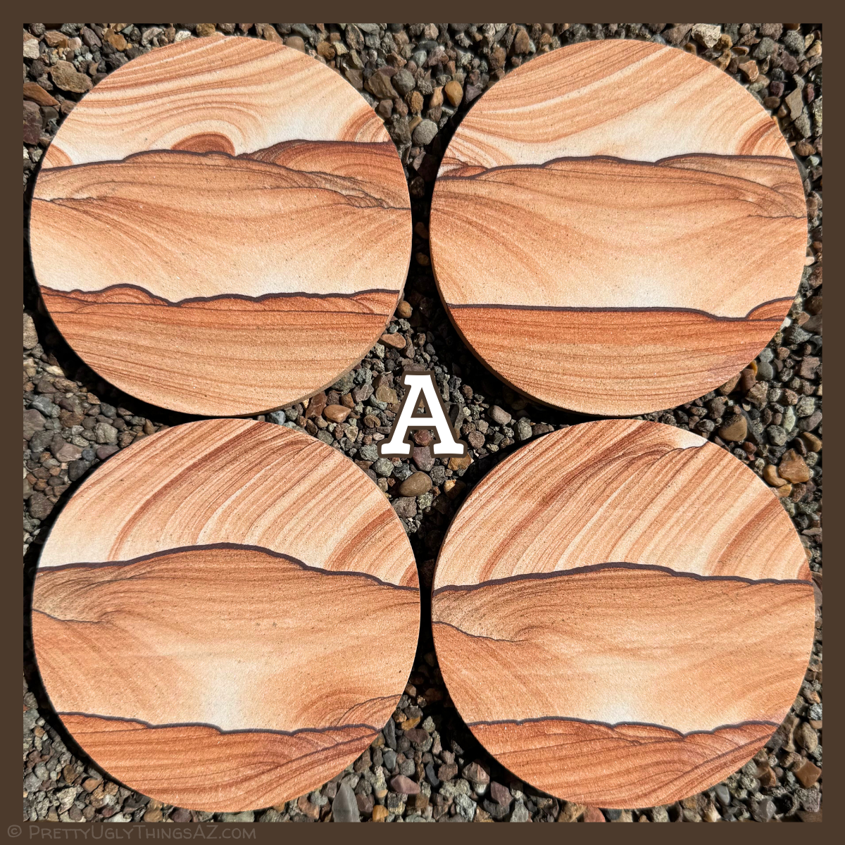 Option A, four coasters with excellent scenic pattern resembling a sunset over a mountain range, in progression.