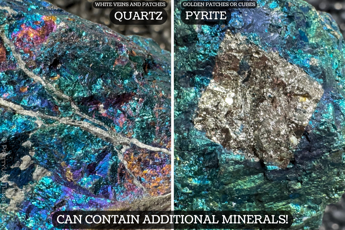 Diagram showing that the chalcopyrite can contain additional minerals, identify quartz on the left which can appear as white patches or thin veins through the rock. On the right is an example of pyrite, a gold square in the surface of the chalcopyrite, which can appear as gold patches or cubes.