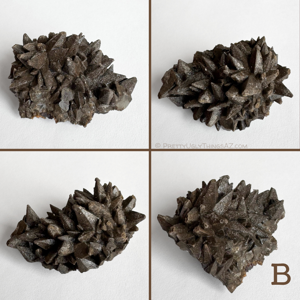 Option B, a roughly rectangular plate of calcite with good points angled in different directions, and some bulbous mineral spotting the points. Some of the points has a hollow etching effect in the tip.
