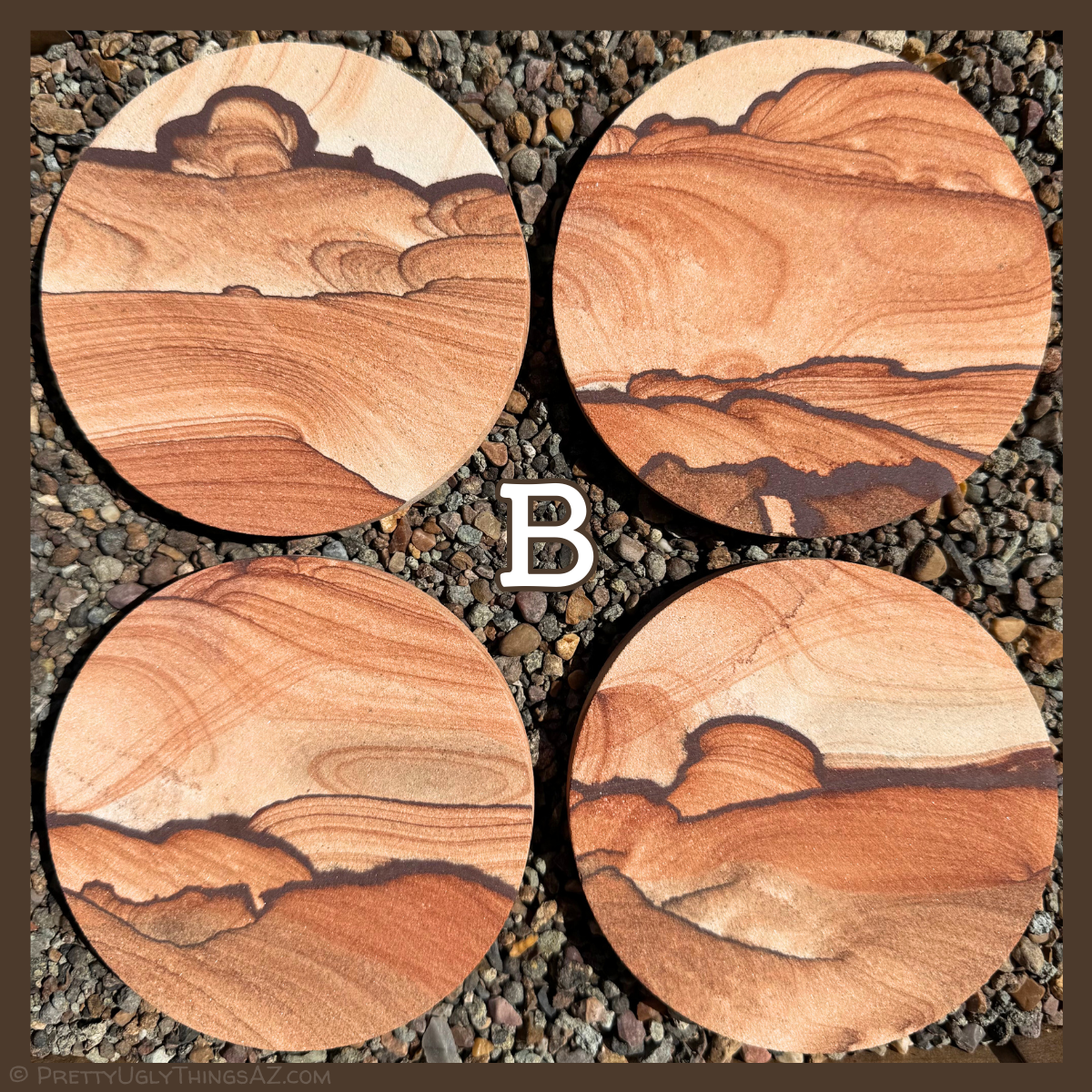 Option B, four coasters with irregular patterns, some thick dark iron banding cutting through each piece with small scalloped patterns, and light colored material on the edge of some pieces, with wispy sweeping layers through the middle.