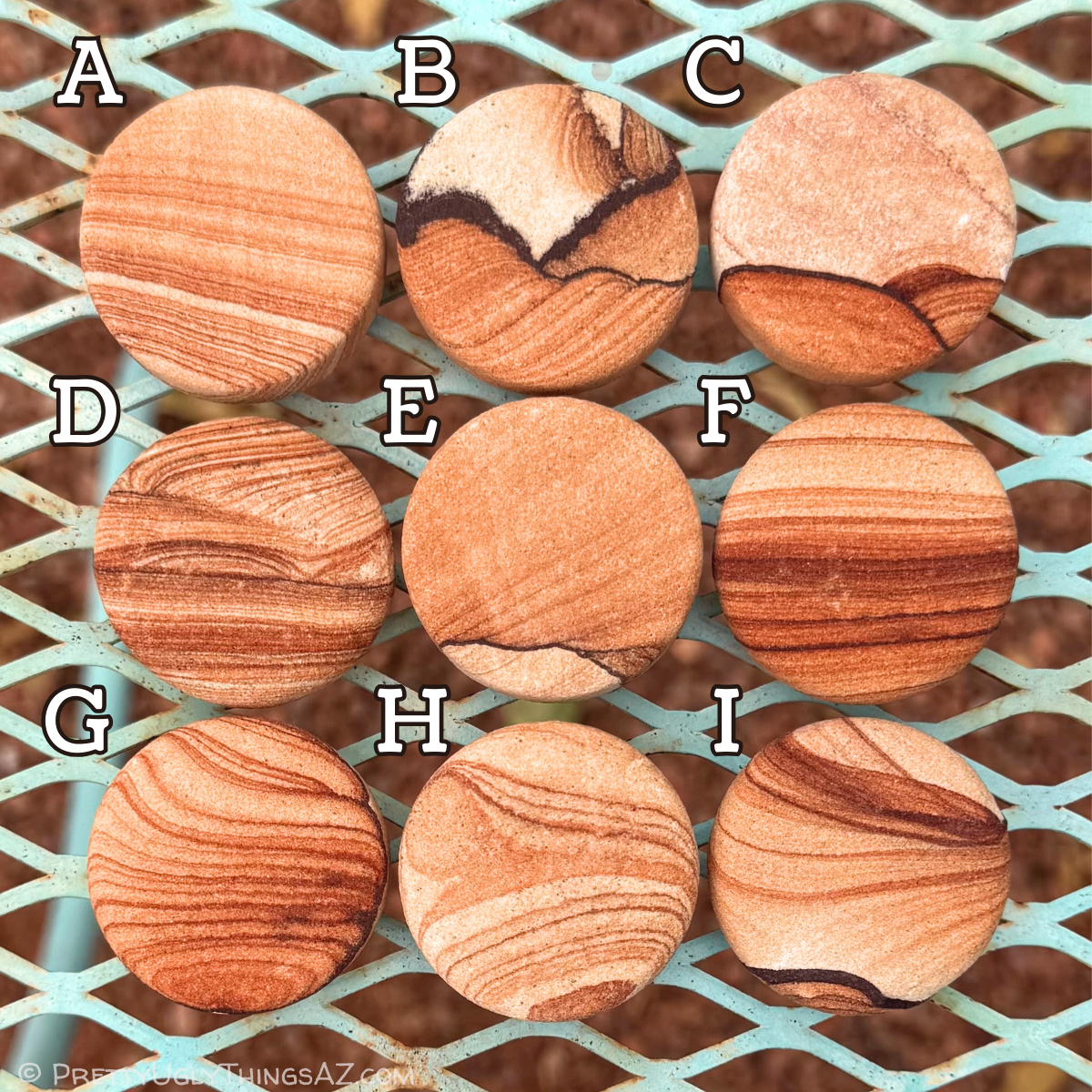 Nine options in alphabetical order. Options B, C, D, and I all have good picture stone patterns, with D having thin bold dark lines packed tight, and option I having more dramatic curves. Options A and F have horizontal layering, with F more saturated. Options G and H have have horizontal layering that turns into sweeping curves, with a round spot on H. Option E has more even tone and light layering, with a thin dark iron band through one end, and lighter color on the other side.