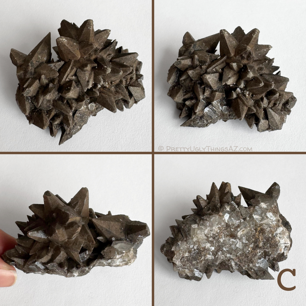 Option C, a well-formed specimen with extra-sharp and smooth pointed crystals in an excellent formation, like two rounded forms. The underside has exposed clear near-white calcite.