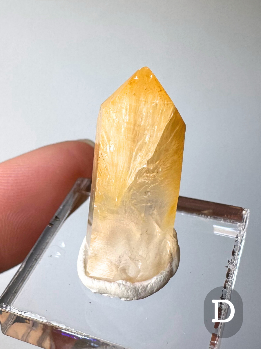 Option D, a short wide point with lighter golden yellow halloysite fibers in the tip, well formed distinct fibers creating a chatoyant effect. The color fades to colorless and milky clear at the bottom third.