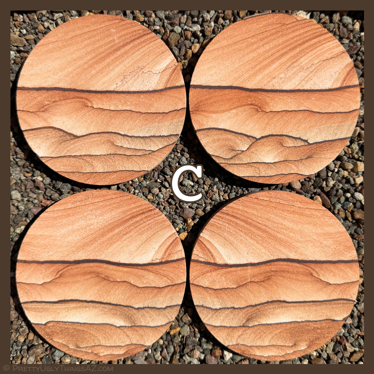 Option C, four coasters where the upper third has diagonal sweeping layers, with a bold dark iron band cutting across like a horizon, and thin dark iron bands running through horizontally below like rolling hills with some light scalloping pattern.
