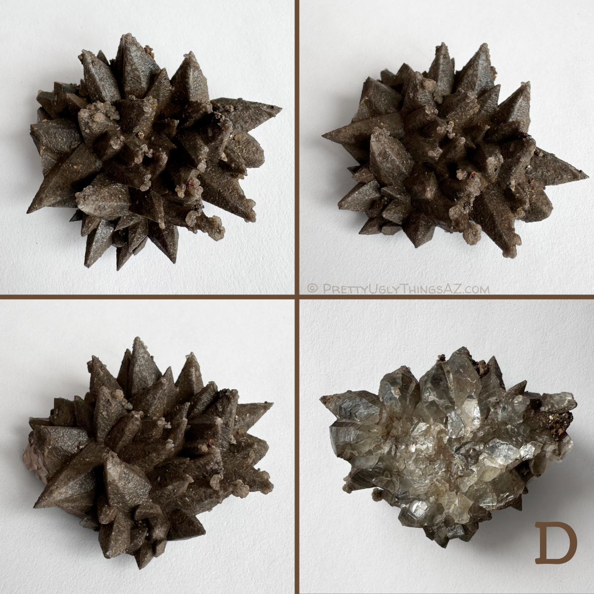 Option D, a well-formed small specimen, roughly round for a good hedgehog piece, with very good spiky crystals spotted with a small lumpy crystal. The underside has a very good pattern of exposed clear calcite.