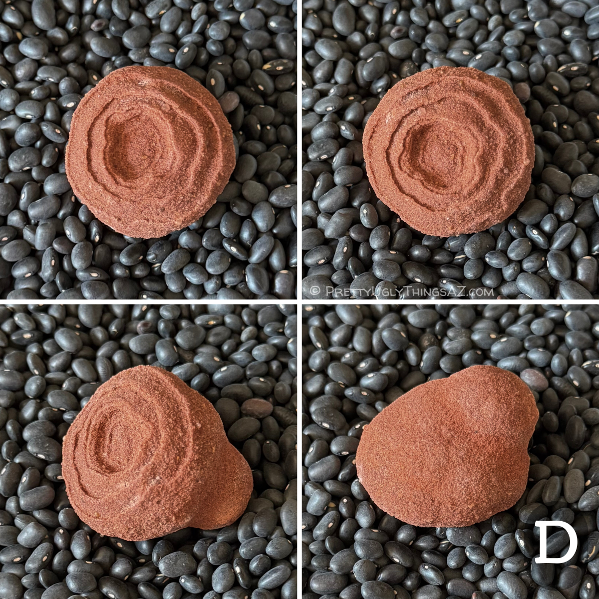 Four views of option D, a bulbous round piece with rings shaped like a cloverleaf at the center, and layering wrapped down the sides. The backside is rounded with a round protrusion to one side. It has a darker red-brown sandstone color.