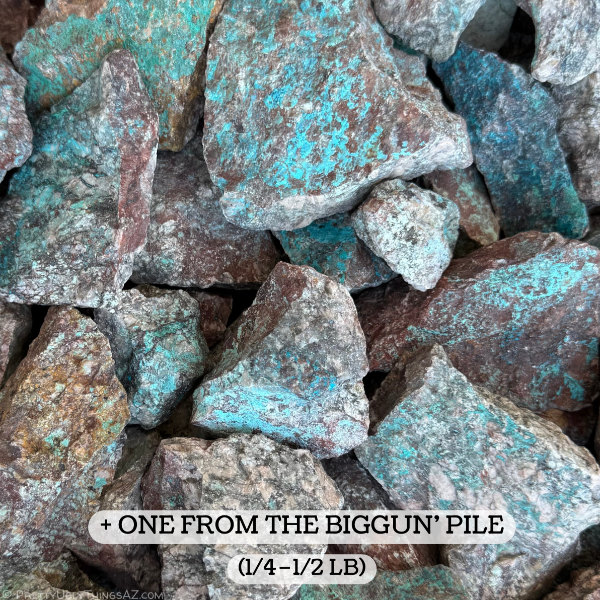 Labeled as plus one from the biggun pile, one quarter to one half pound size. This pile features higher-quality rocks, all with good coverage of blue and green pattern.