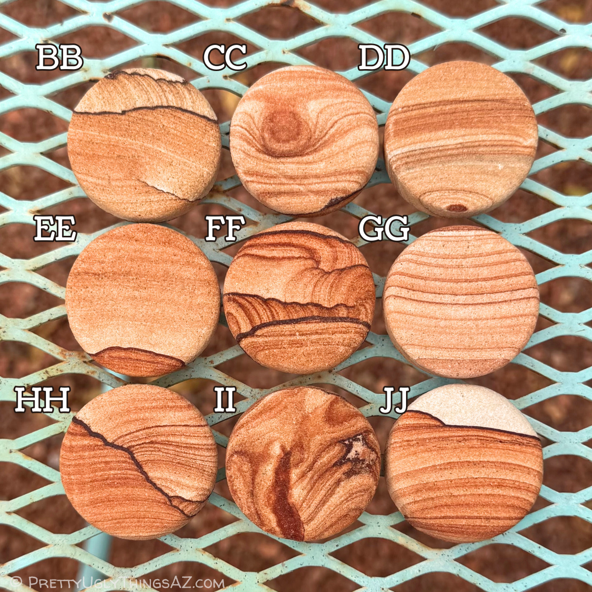Nine options. Option BB has light layering and feathered dark bands. Option CC has a big spot with layer curving around it like Jupiter. Options DD and GG have slightly curved layering, which turns to rings on one edge of DD. Option E is plain with a section of pattern on one edge. Option FF has dark bold pattern with good scalloping. Option HH and JJ have a thin dark iron band cutting across them, layers radiating from the band in HH, but parallel in JJ with white on one side. Option II is irregular