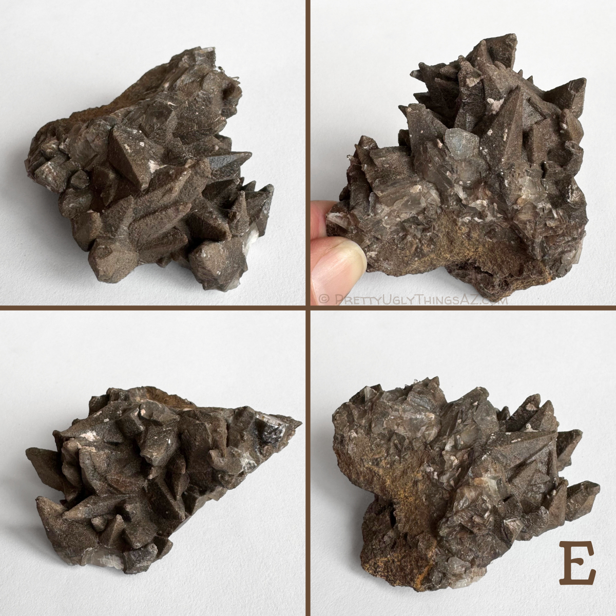 Option E, a more haphazardly arranged wedge of material with pointed crystals along one edge. A crystal has cleaved off, showing internal layering. The crystals are good.