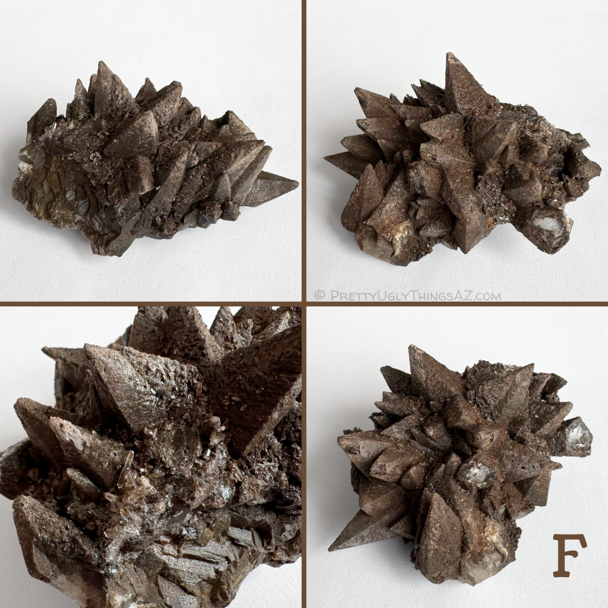 Option F, a very good plate of pointed dogtooth crystals arranged directionally, with part of the side cleaved, showing step-like fractures in the calcite. The specimen has some very small quartz crystals spotting the surface.