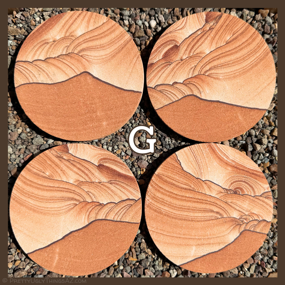 Option G, four coasters with excellent scenic pattern, appearing like different views of a saturated red sand dune with sweeping scallop-pattern clouds above it, one coasted with rings like a sun.