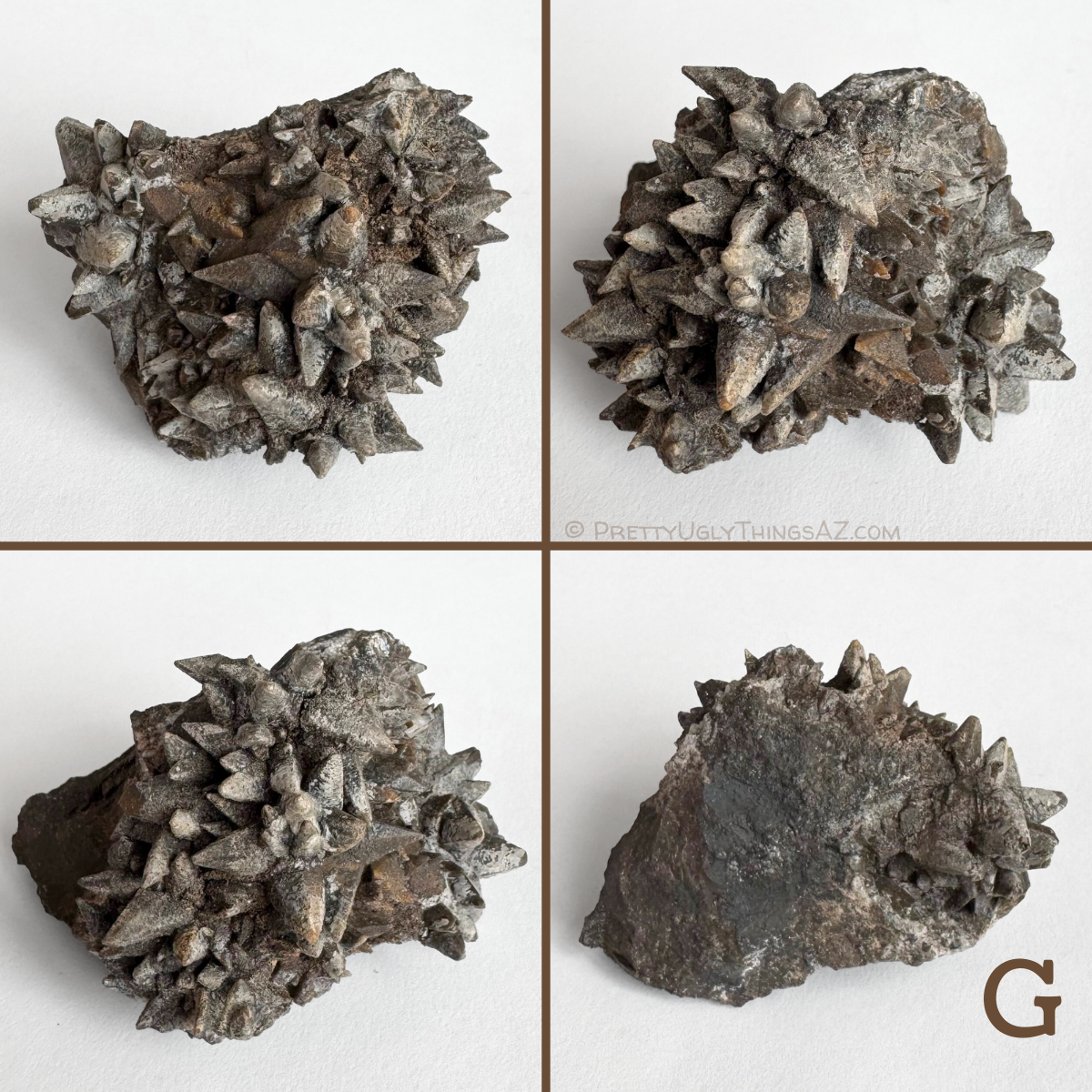 Option G, a more gray- tinted piece with a milky overlay on the calcite. The piece has very good crystal points, with a larger star-like formation of points at the center, on a gray matrix.