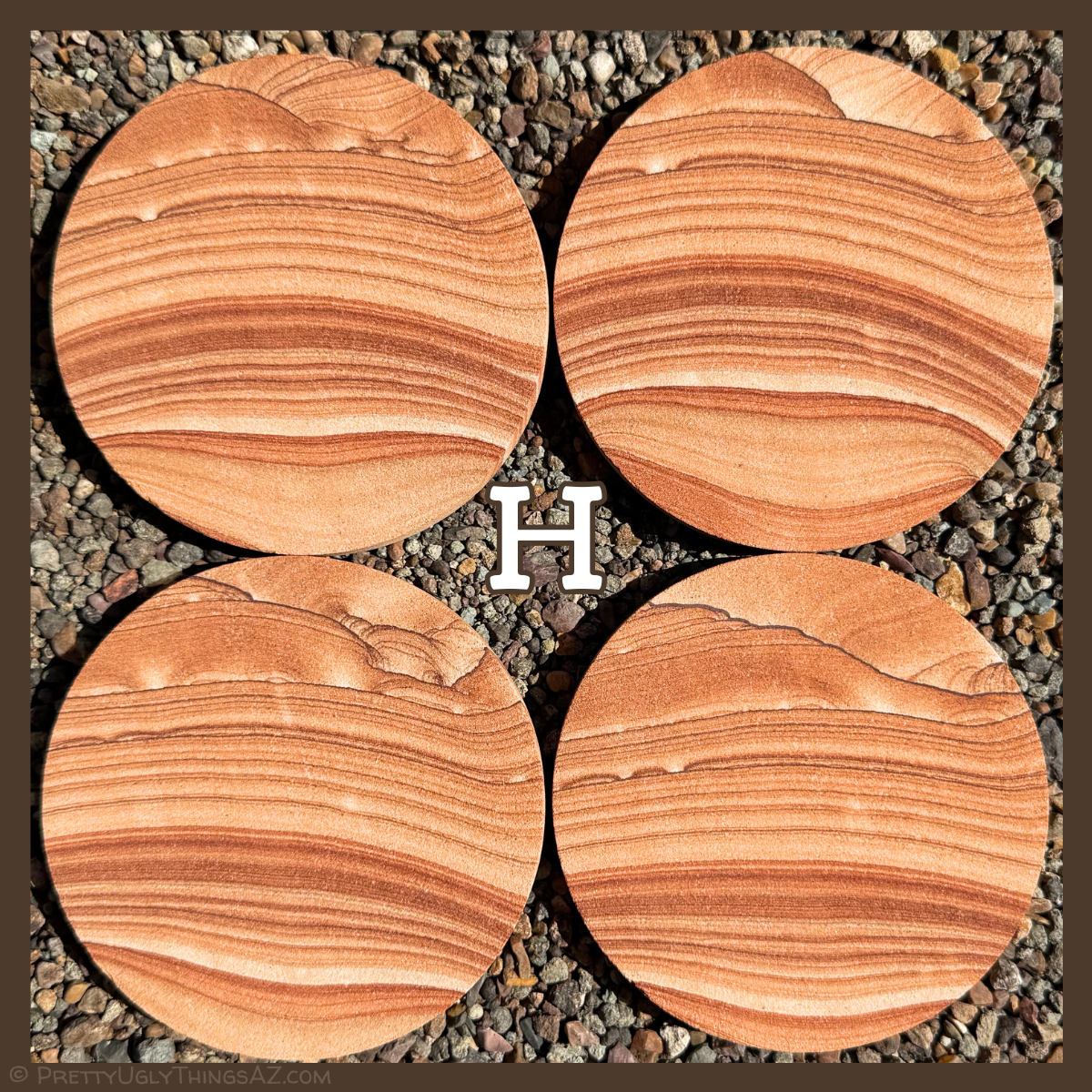 Option H, four coasters that are almost entirely horizontal parallel layers with good contrast. At on edge, there is a thin dark iron band with some scallop pattern, and near white spots.