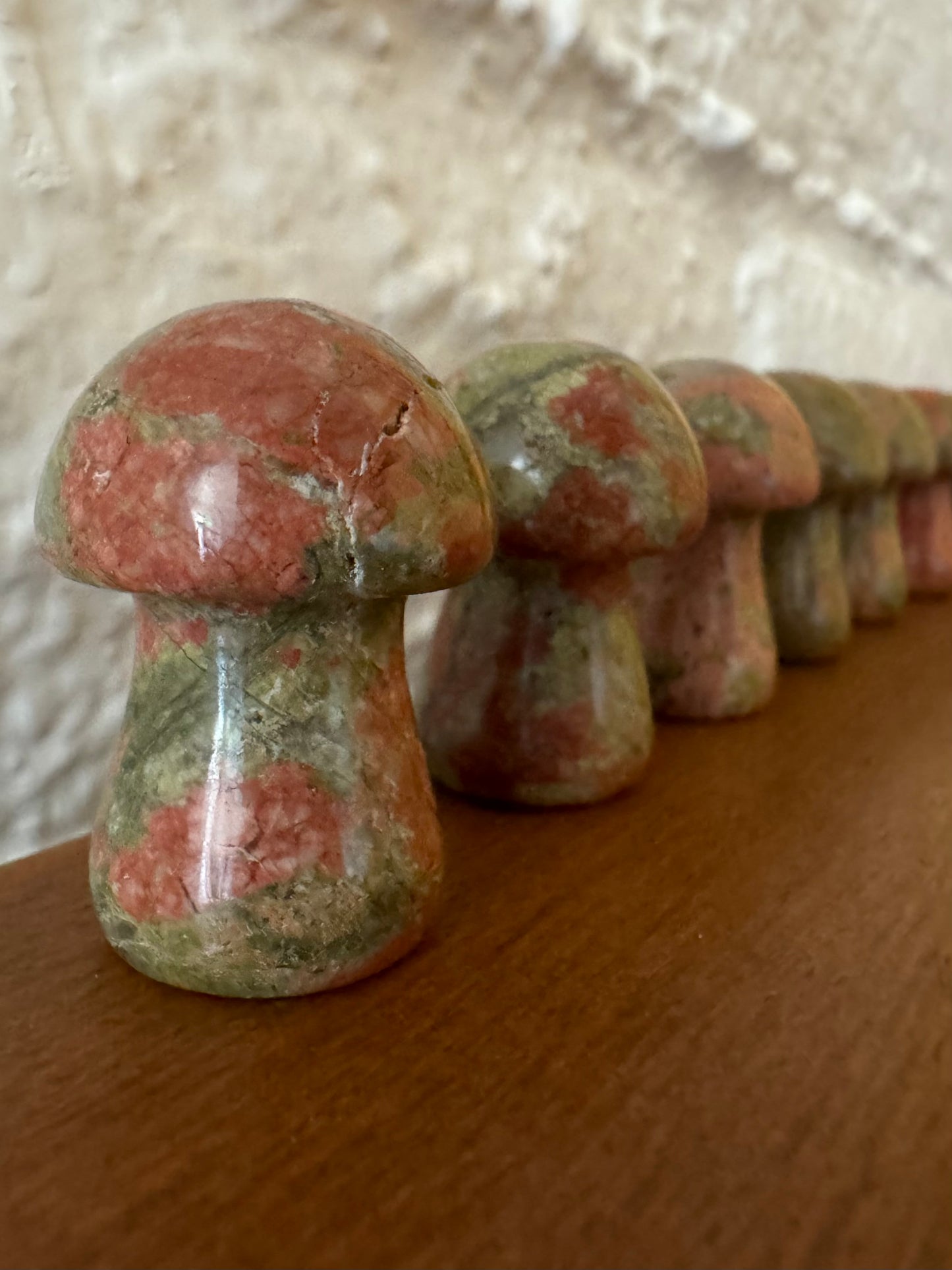 A row of unakite mushrooms viewed at an angle, showing different variations of coloring