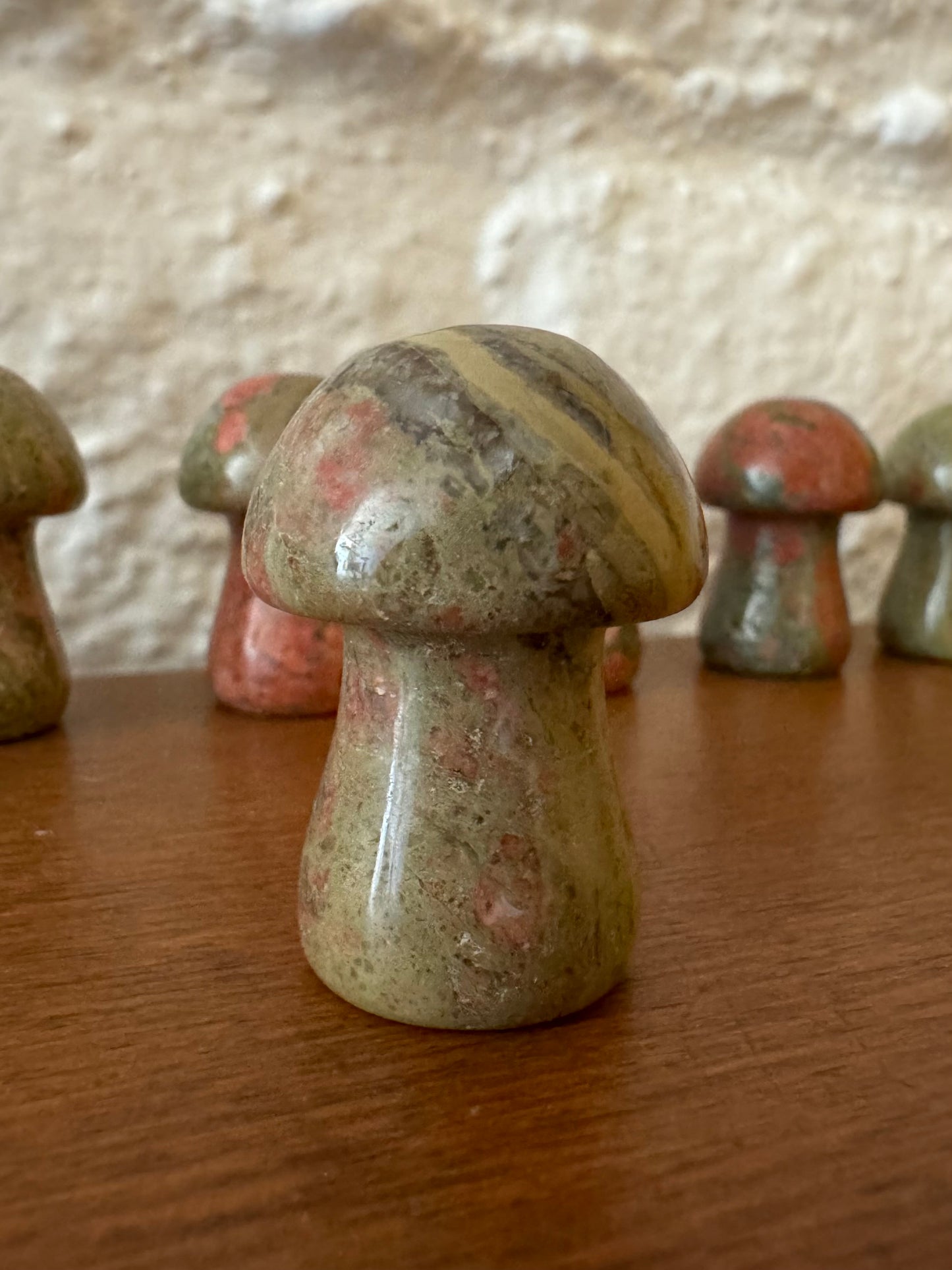 Example variant of a unakite mushroom, light desaturated green with small pink spots, crossed with a vein of lighter material. There are more variants in the background.