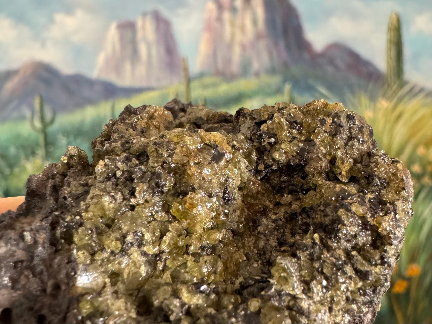 Detail of a discolored patch of peridotite that is more desaturated yellow-brown and not green.