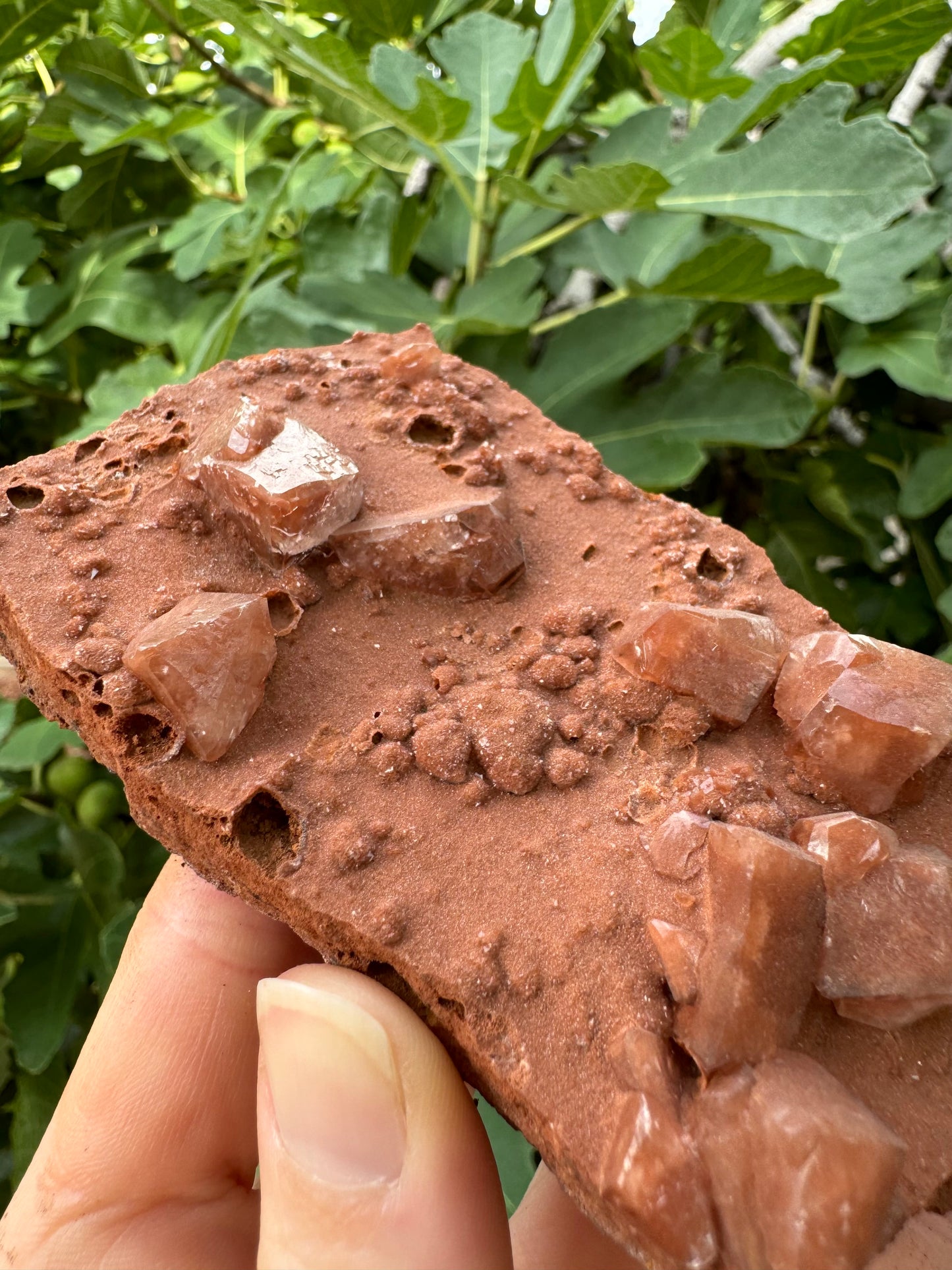 Angled view of the surface showing several of the crater-like formations, and the chunky shapes of the calcite crystals.