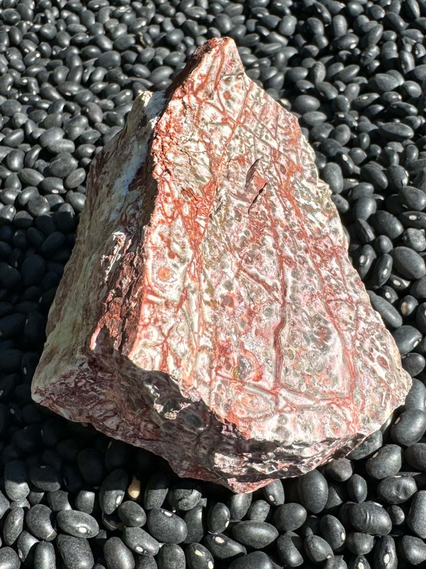 An angled view of two sides of the piece, showing one side is rough and covered in a layer of white material. The other face has red veining and orbicular pattern