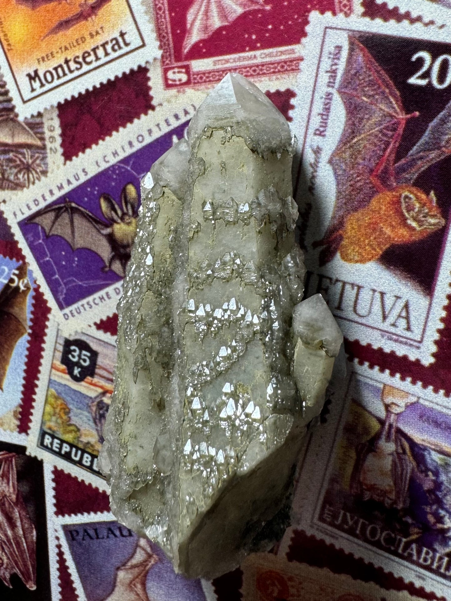 The piece with light shining on it so that the crystals on the the surface are reflecting, showing a geometric pattern of triangular faces of tips arranged in rows.