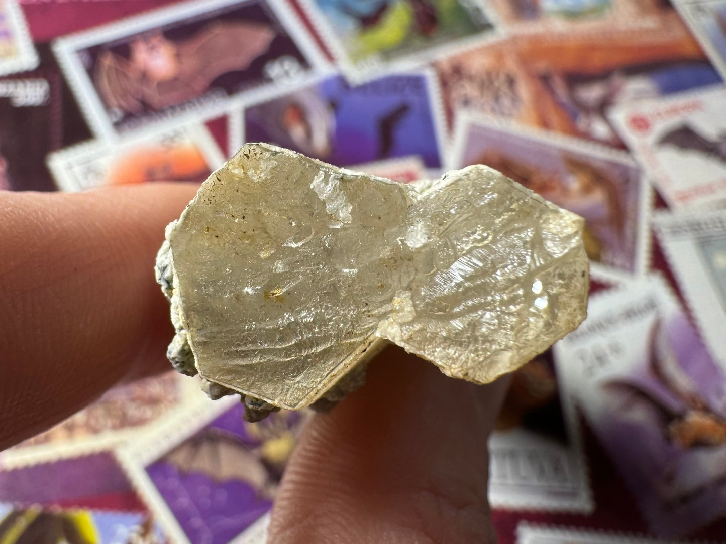 Detail of the broken end of the point showing the interior is glassy and colorless and there is a thin grainy white crust on the surface. There are some small spot inclusions in the quartz.
