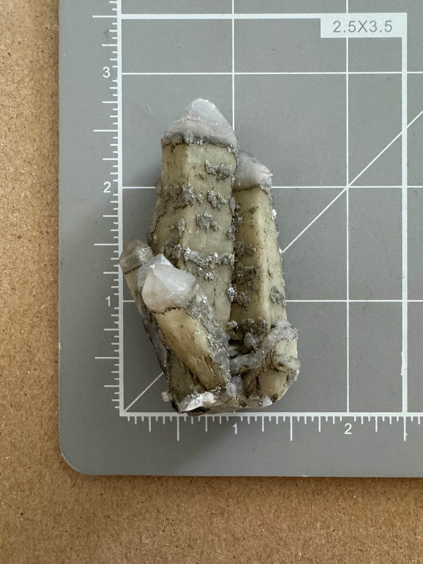 Scale image of the cluster on a measuring mat, showing it is about two and a half inches long.