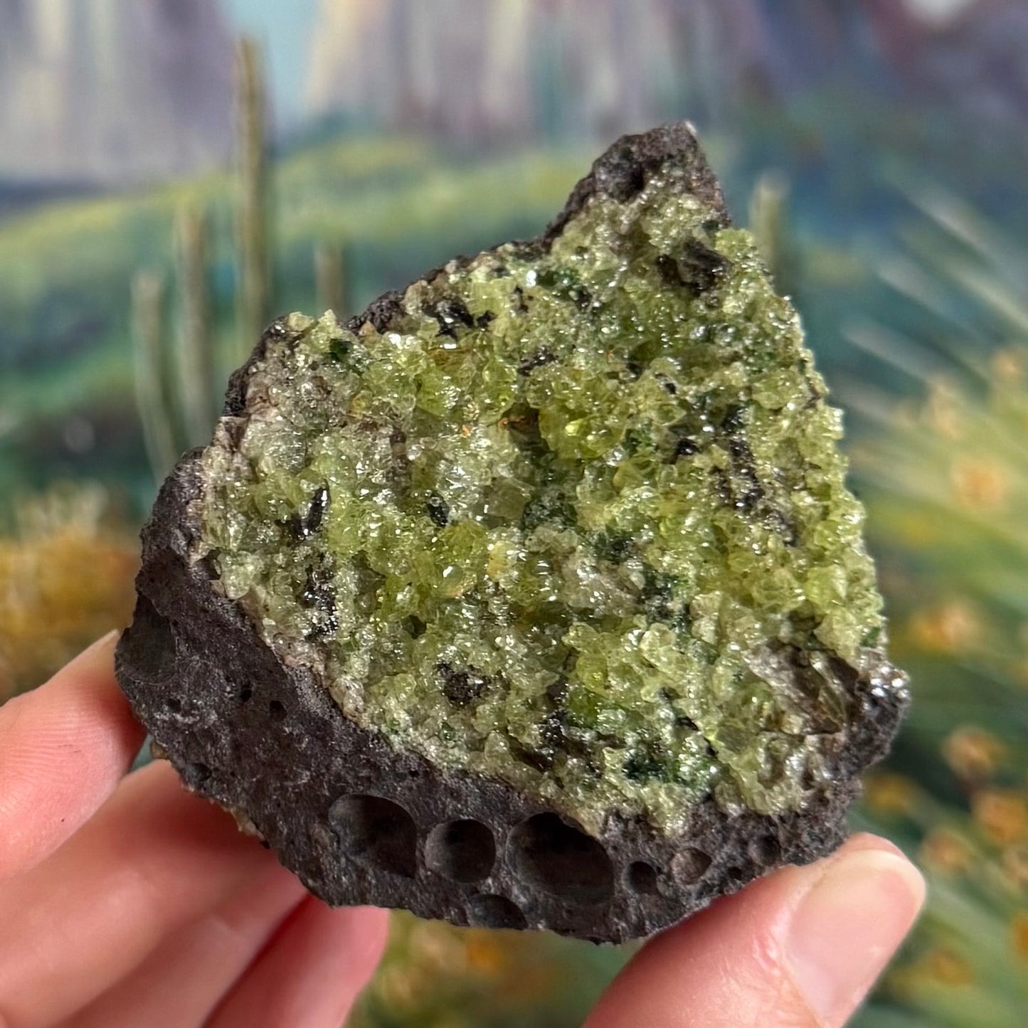 An example piece shown, with a broad face of peridotite on dark gray volcanic rock with a row of large bubble holes along the base. The peridotite is mainly yellow-green with chunky crystals and small vivid green and dark green crystals sprinkled through. The piece corresponds with option E.