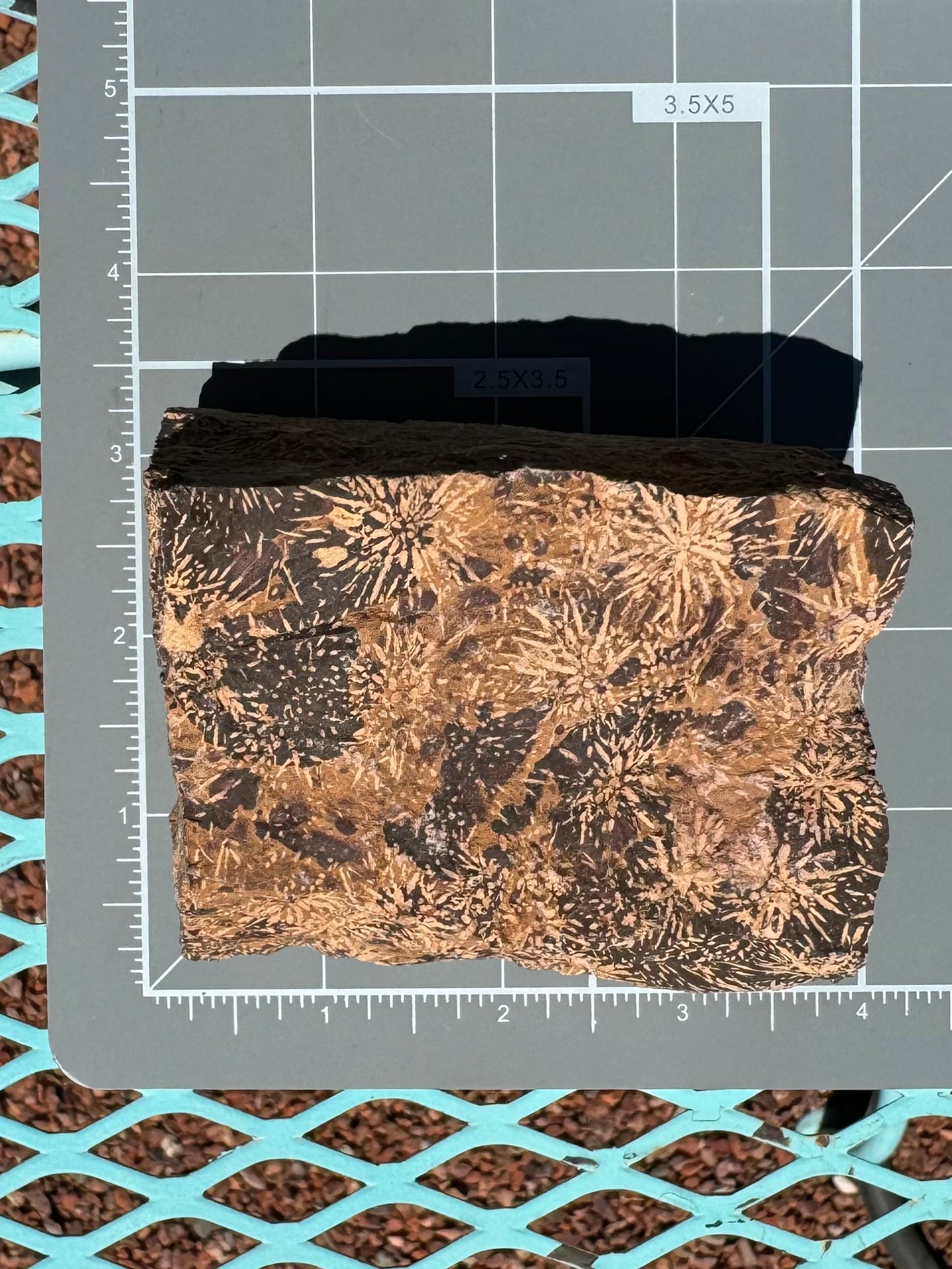 Scale image of the piece on a measuring mat, measuring three by nearly three inches.