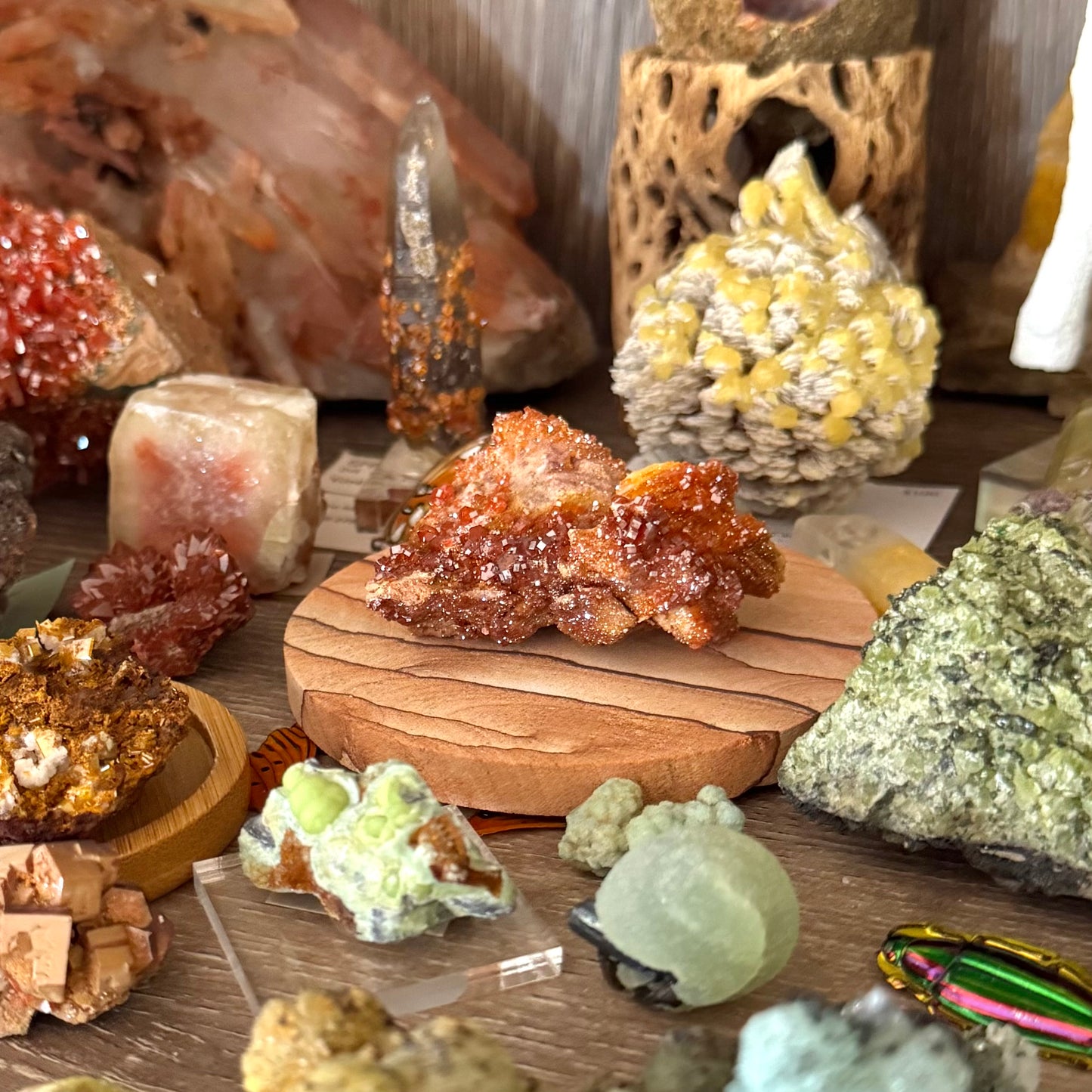 A red sandstone coaster with a specimen of vanadinite on it, on a shelf with other minerals spread around it.