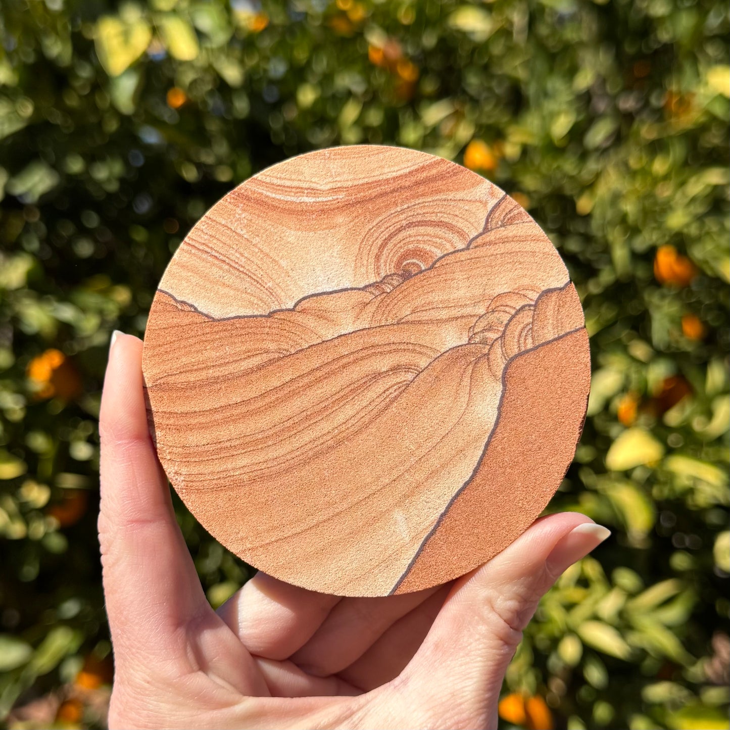 An example coaster held in a hand for scale, the piece showing excellent scenic formations like a sunset over a sand dune.