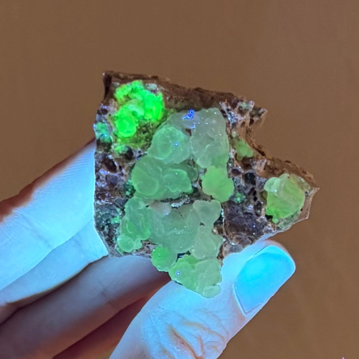 The specimen fluorescing strong yellow-green under UV light in low lighting. The main chalcedony has weaker green reaction with one corner vivid green.