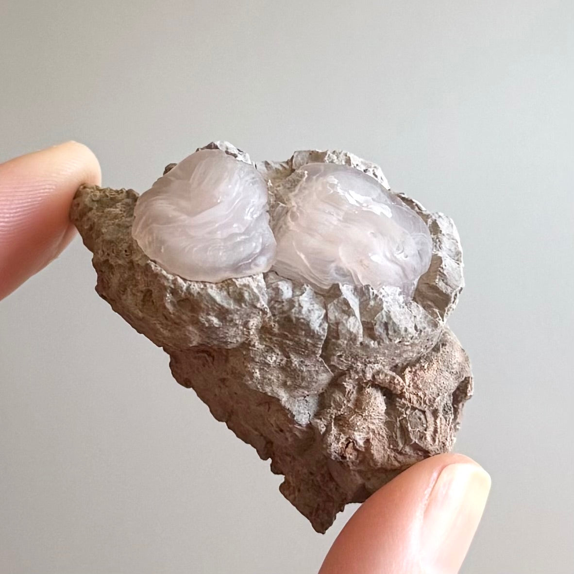 Side-view of the piece held up, showing good translucency in the chalcedony, and a thick rim of matrix bordering the two domes.