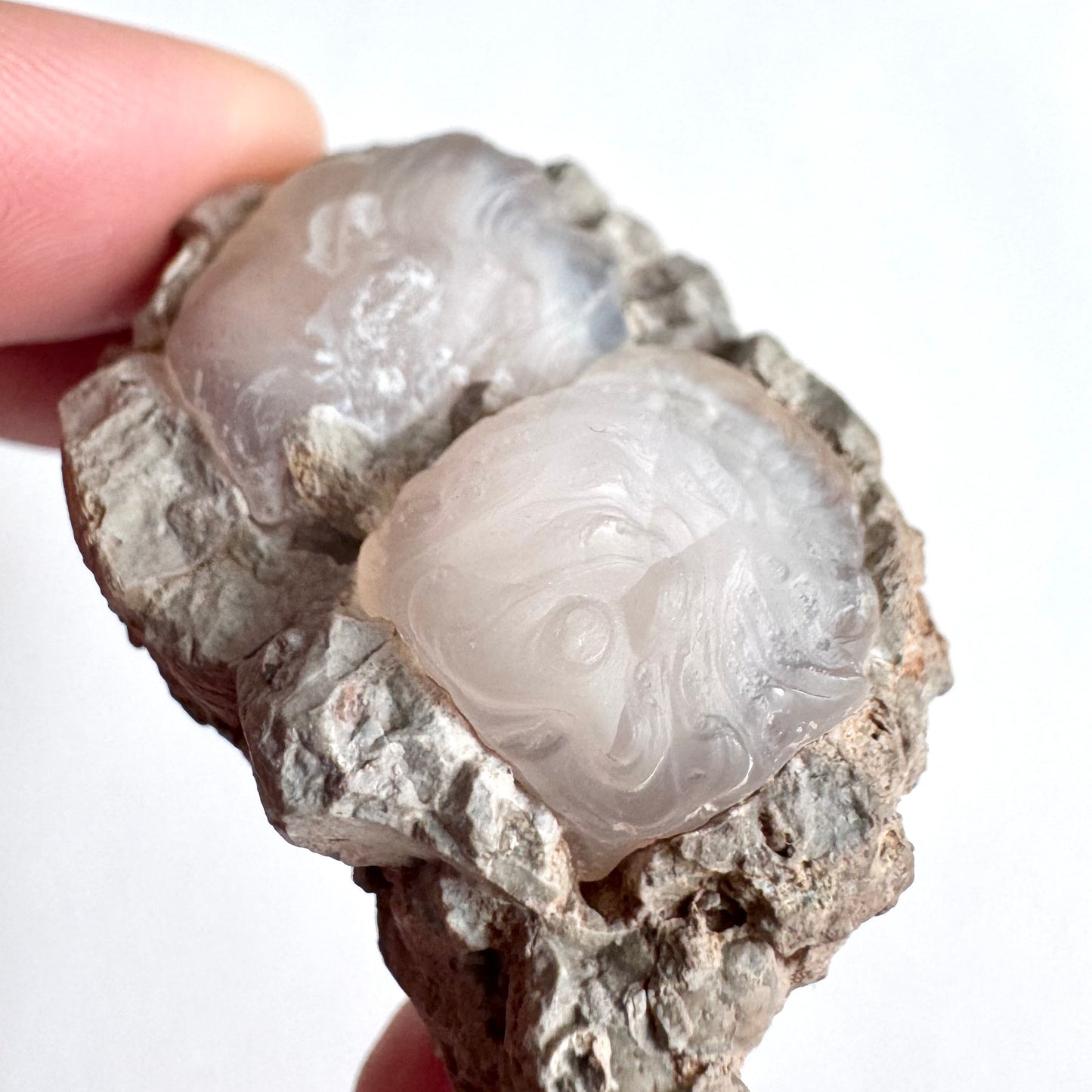 Detailed end-view of the specimen, showing a knob on one end with swooping rings of banding radiating out from it.