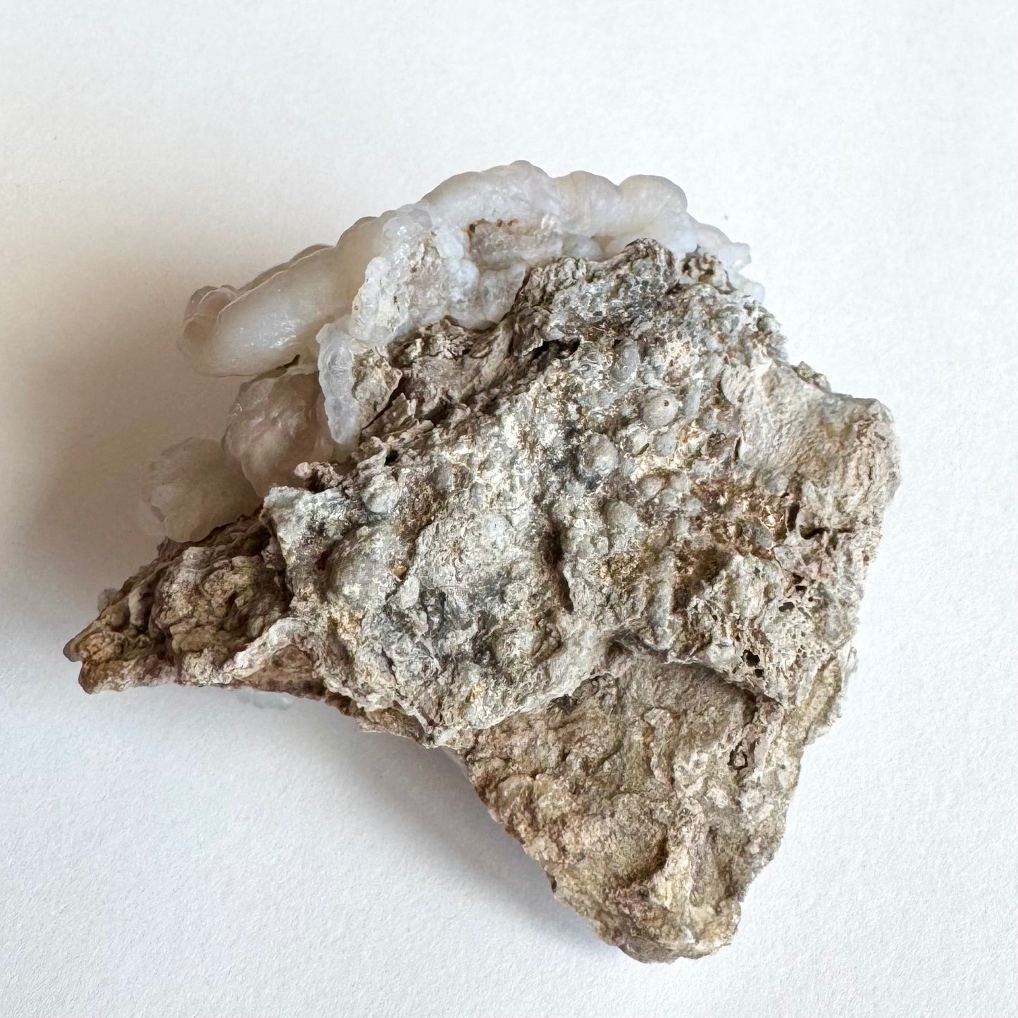 The reverse of the specimen, a light tan-gray rocky matrix with some small round pebble-like grains in it.