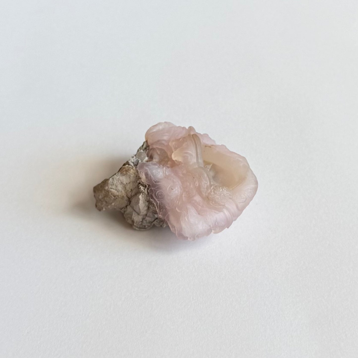 Another distant view of the specimen, showing light illuminating the translucent light pink chalcedony along the exterior of the piece, especially around the small botryoidal forms.