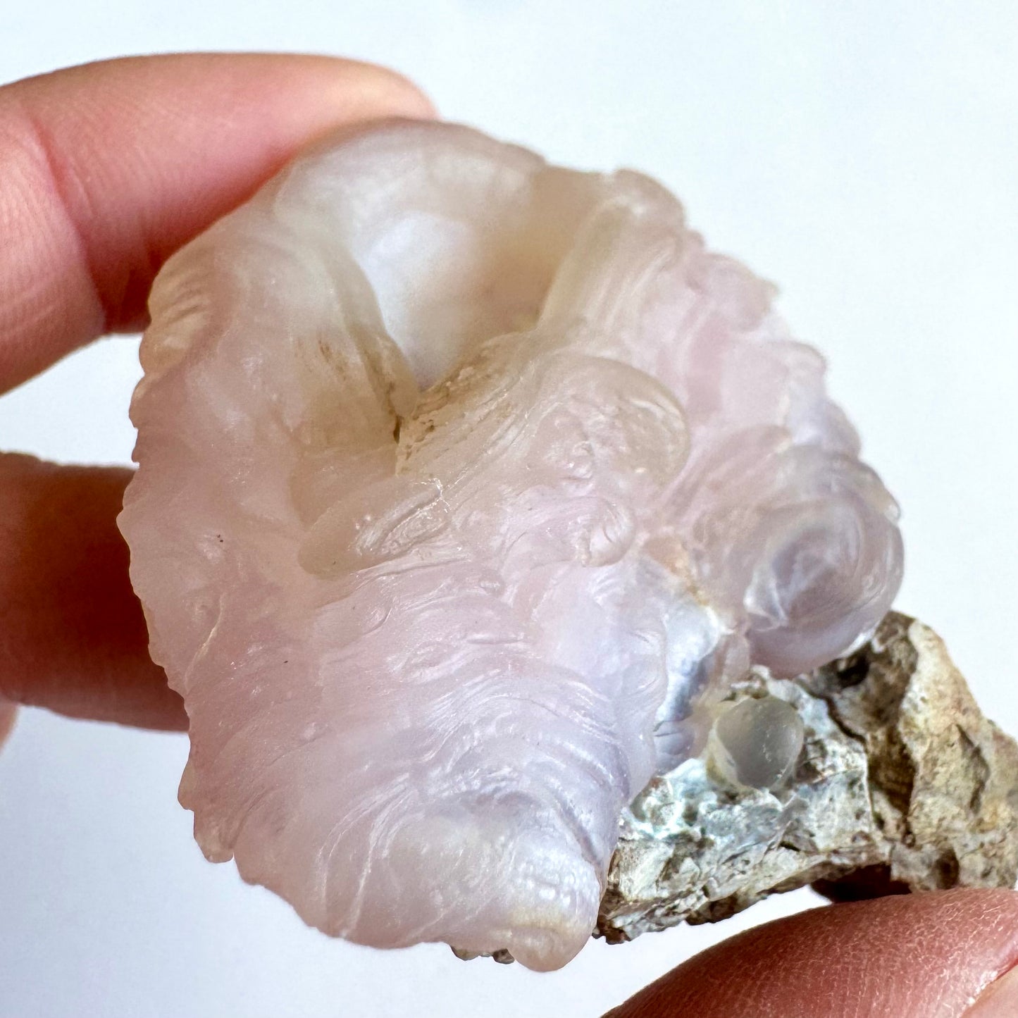 Detailed side-view of the specimen, gray matrix visible at bottom right. The side has super ropy layers like a lave flow, with botryoidal forms along the right side. There is some light brown staining at the rim.