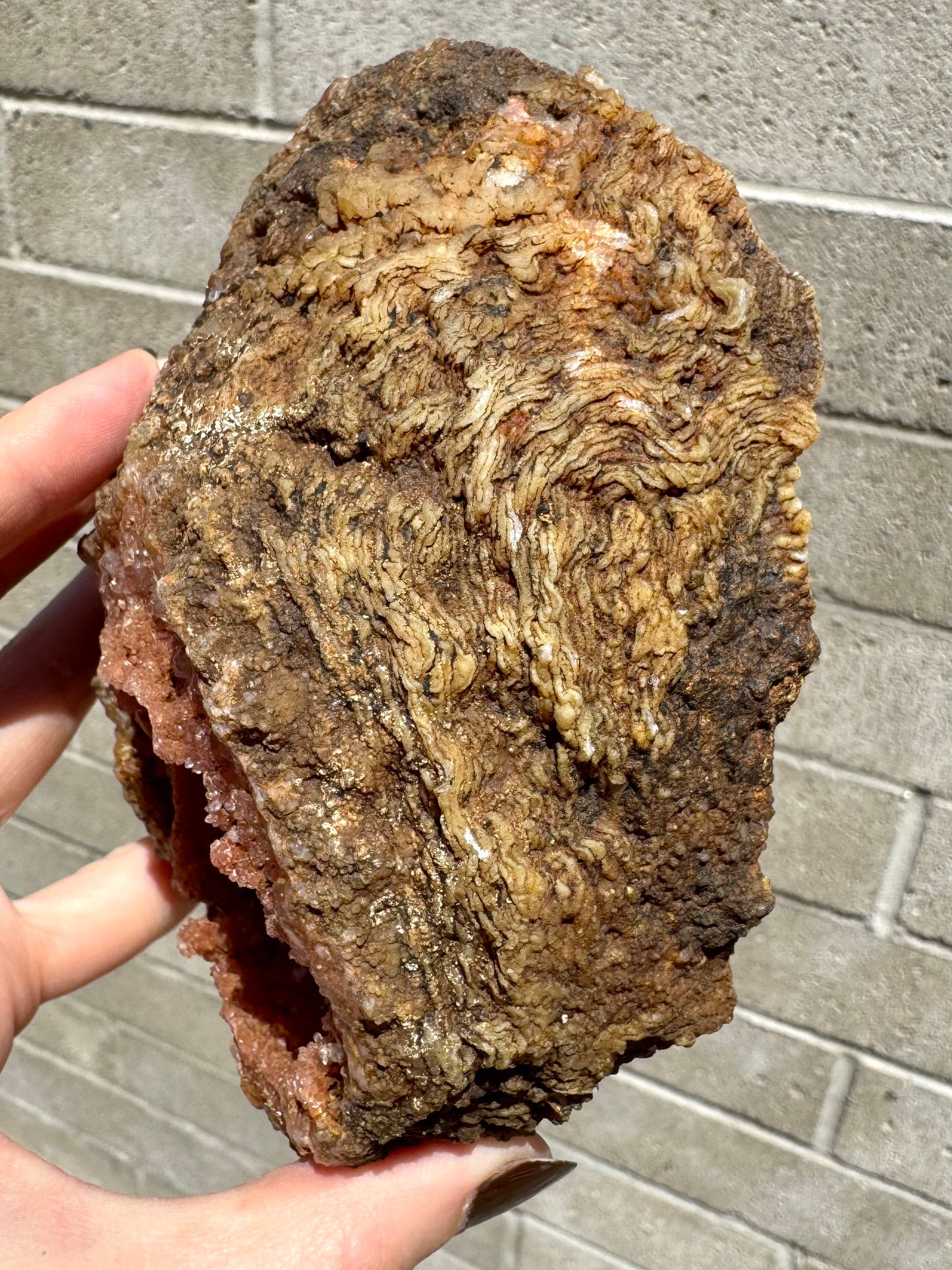 A broad side of the outside of the geode, with excellent ropy growth forms