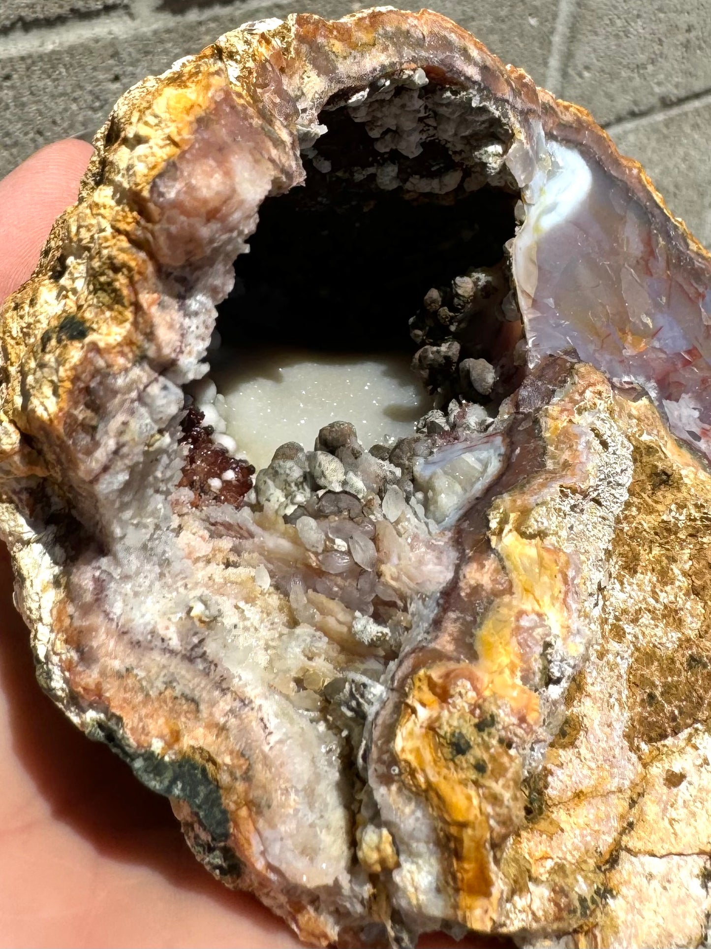 Looking into the geode, with focus on a cluster of white minerals at the entrance including small calcites