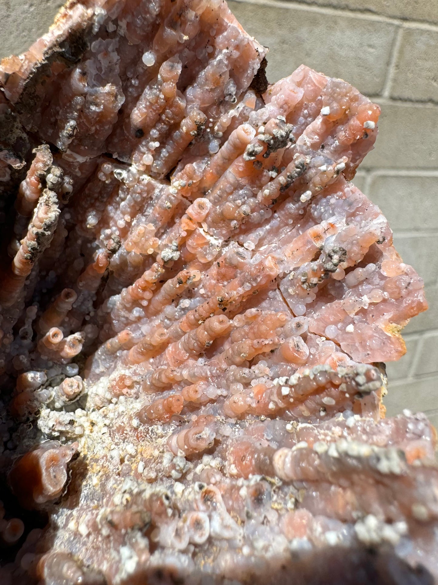 A wider view of the same crack as the previous image, with white glue visible in some portions of the break. The side has good stalactitic growth with broken ends showing a dark core with a wide ring of orange then white.