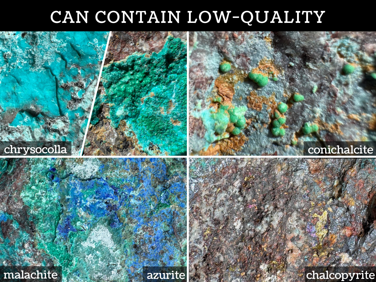 The material can contain low-quality minerals, with detail pictures of patchy robins-egg blue chrysocolla, tiny green and blue botryoidal chrysocolla, tiny green spheres of conichalcite, deep green malachite, royal blue azurite, and gold chalcopyrite with peacock colors.