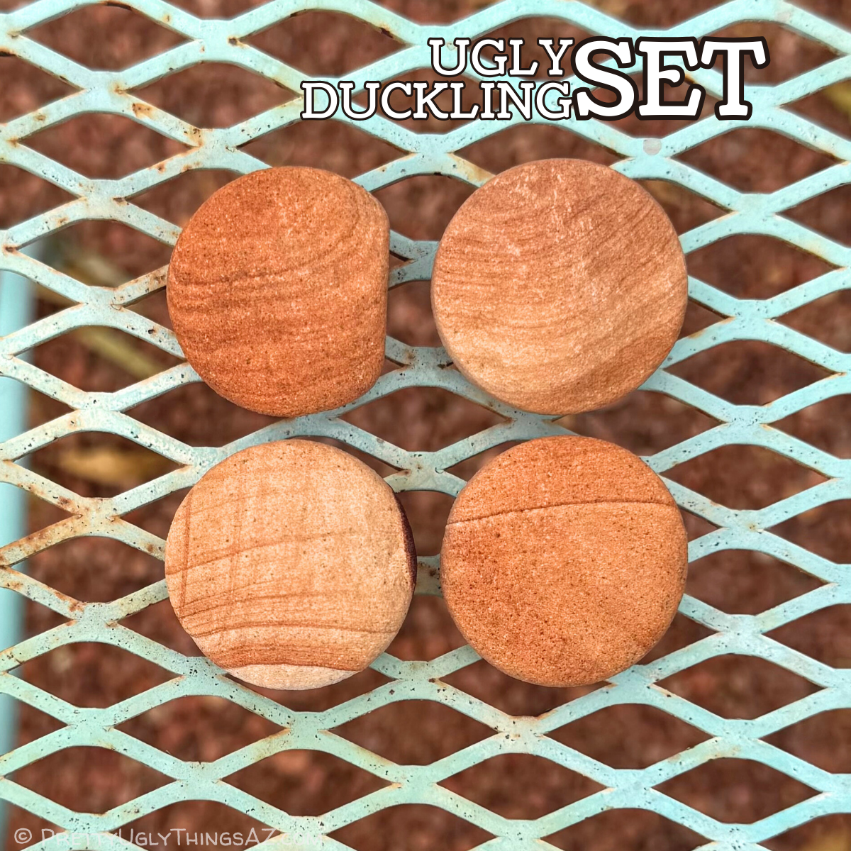 Labeled the "ugly duckling set," the image shows four sandstone magnets. One is off-round, one edge flat. One has a raised lump off-center. All have muted pattern with faint layering, and more rough, porous-appearing rock.