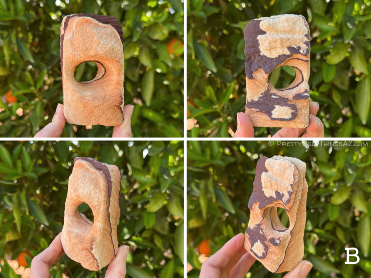 Option B, a blocky tall rectangular arch with an oval hole through the center, and light-colored sandstone with subtle layering. From the side dark iron bands are revealed running through the piece. On the back, patches of the dark iron banding are revealed, with a spiral-like form around the hole.
