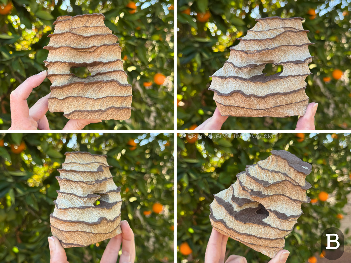 Four views of option B, a light brown arch bulging in the middle, with an oval hole through the center. The piece has around eight dark brown iron bands through it at regular intervals, which protrude from the light sandstone which has curved layering between bands. The piece is capped with a dark flat layer.
