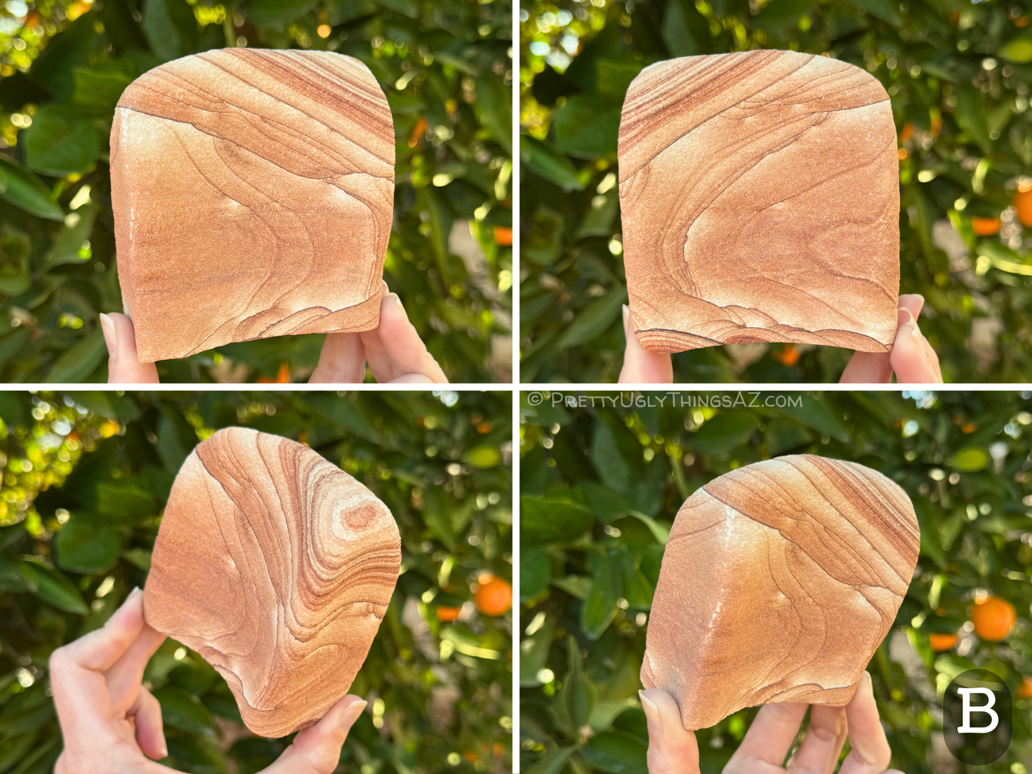 Four views of option B, a rounded squarish piece with sides wider than the center. The sandstone has good layering, with some scalloping across the base, darker layers ringing one corner, and curved lines across the center.